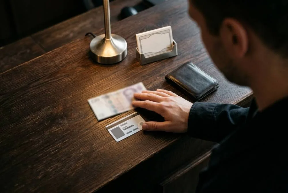 Gros plan sur une transaction à l'accueil d'un établissement privé, carte d'identité et billet sur comptoir en bois